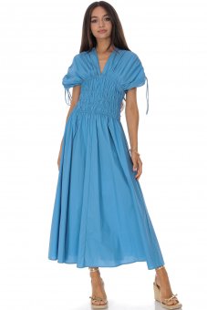 Rochie maxi albastră din bumbac cu bust fronsat Roh DR4833