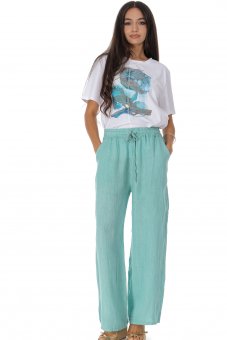 Pantaloni casual din in cu buzunare Verde Deschis Roh TR574