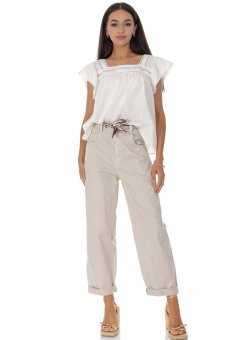 Pantaloni casual din bumbac tip barrel cu curea contrastanta Bej Roh TR578