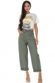 Pantaloni casual din bumbac tip barrel cu curea contrastanta Kaki Roh TR579