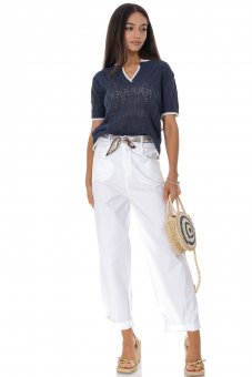 Pantaloni casual din bumbac tip barrel cu curea contrastanta  Alb Roh TR580