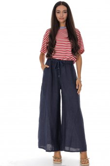 Pantaloni largi din in cu buzunare Bleumarin Roh TR582