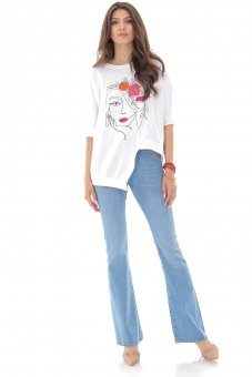 Tricou de dama, ROH BR2424, alb, asimetric cu print feminin