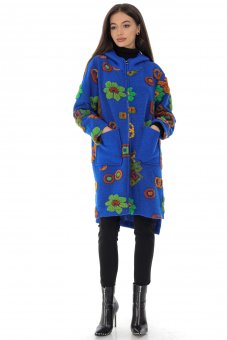 Wool mix coat Aimelia JR590 in Blue with colourful embroidered flowers