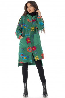  Wool mix coat Aimelia JR591 in Green with colourful embroidered flowers