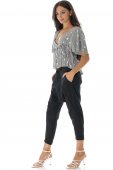Bluza de dama cu stelute, ROH, crem/negru, crop top - BR2390