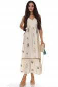 Rochie maxi de vara din bumbac si in cu broderie Crem DR4824