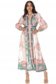 Rochie maxi de ocazie ,crem ,cu imprimeu floral si buzunare – ROH DR4754