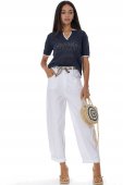 Pantaloni casual din bumbac tip barrel cu curea contrastanta  Alb Roh TR580