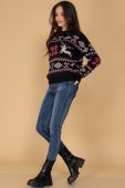 Pulover gros cu amestec de lana Roh BR2536 Negru/Roz cu design de iarna